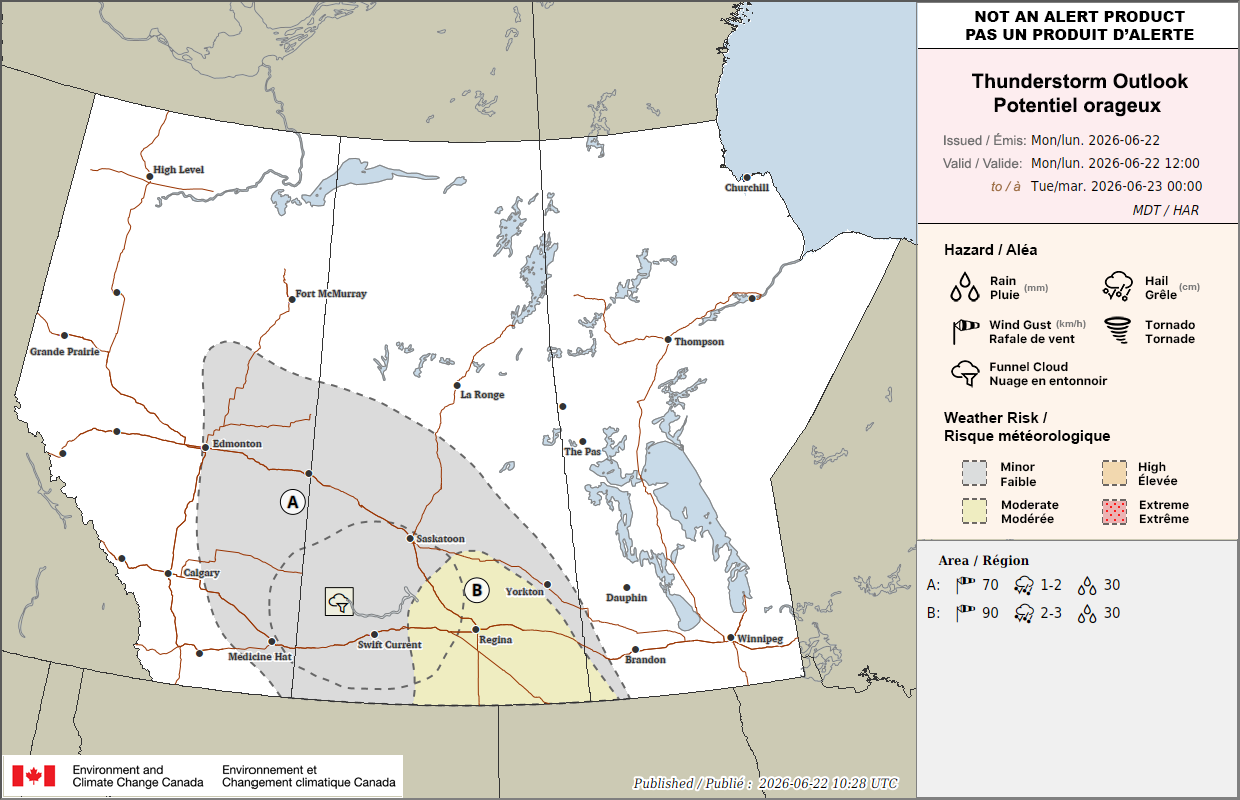 Potentiel orageux dans les Prairies pour aujourd'hui
