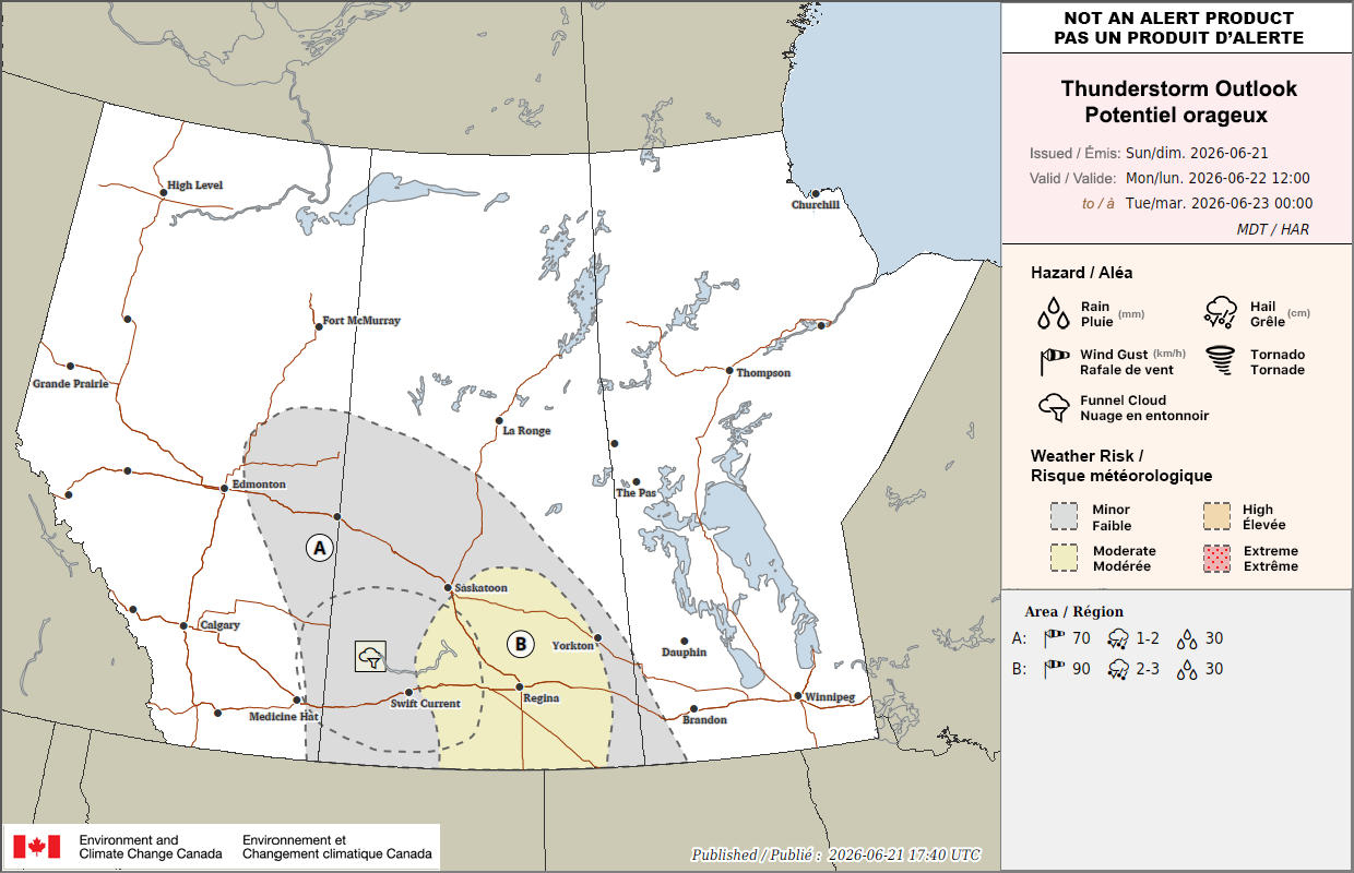 Potentiel orageux dans les Prairies pour demain (PM)