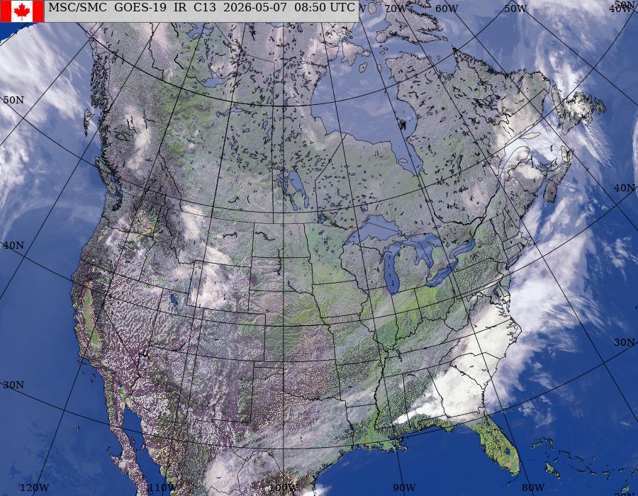 Image composite de l’Amérique du Nord provenant des satellites GOES – Est/Ouest (infrarouge et topographie)