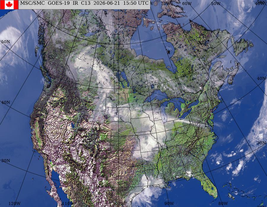 Image composite de l’Amérique du Nord provenant des satellites GOES – Est/Ouest (infrarouge et topographie)