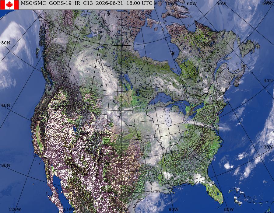 Image composite de l’Amérique du Nord provenant des satellites GOES – Est/Ouest (infrarouge et topographie)